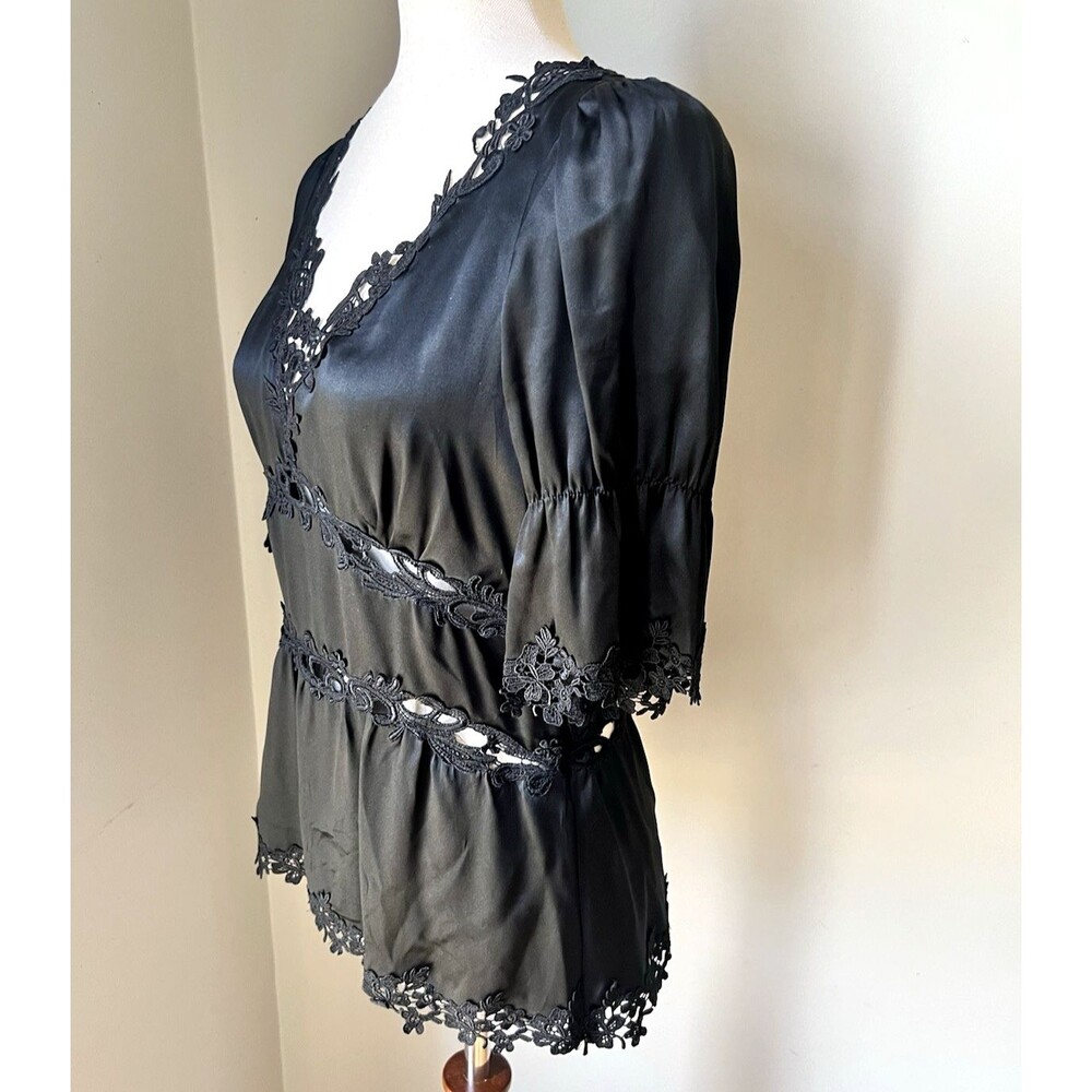 Y2k Laundry Shelli Segal BLACK 100% Silk Blouse Floral Lace Romantic Side Zip S - Picture 5 of 9